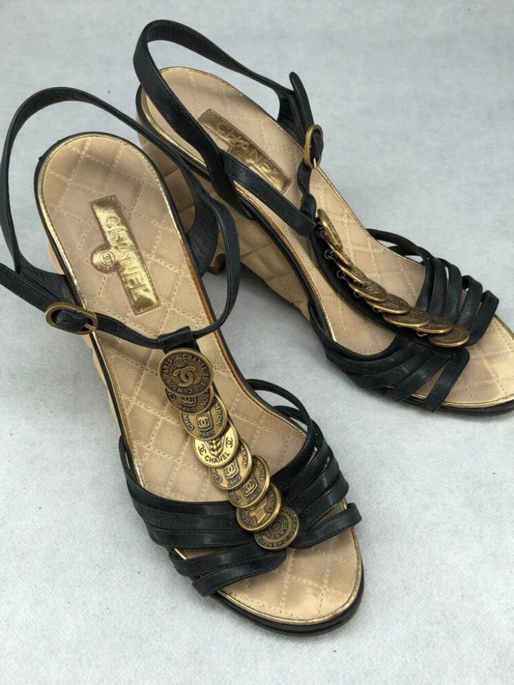 Chanel Black Leather Quilted Wedge Sandals Gold Medallion 38.5